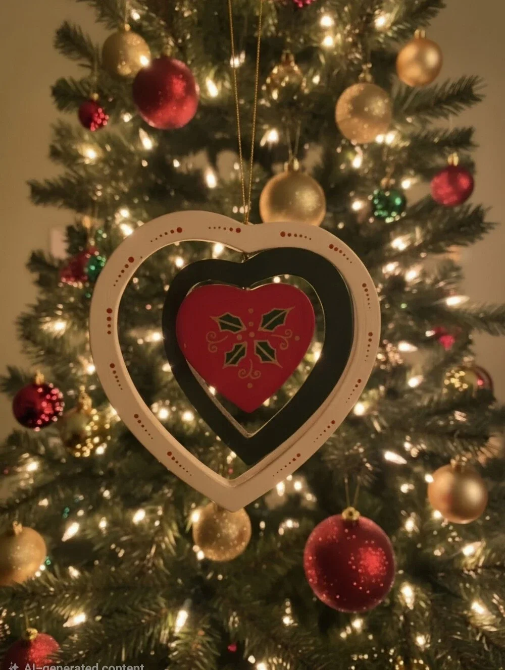 pair vintage wooden spinning heart Christmas ornaments Folk-Art Nordic